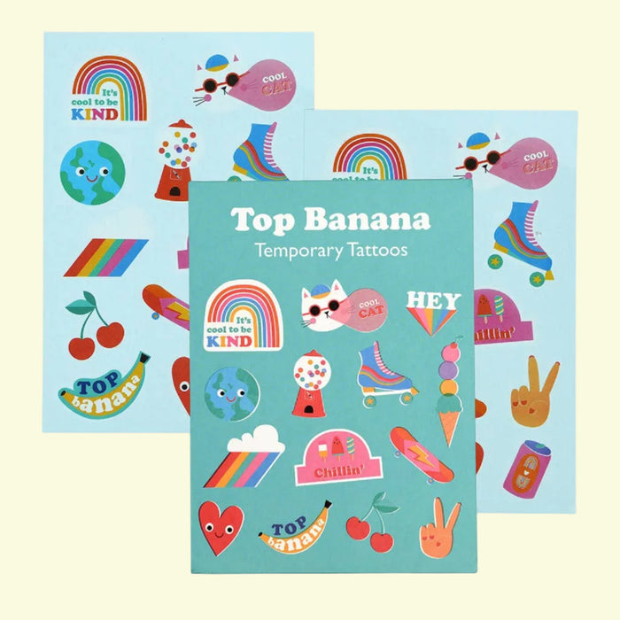 Top Banana temporary tattoos with colorful designs on a blue background