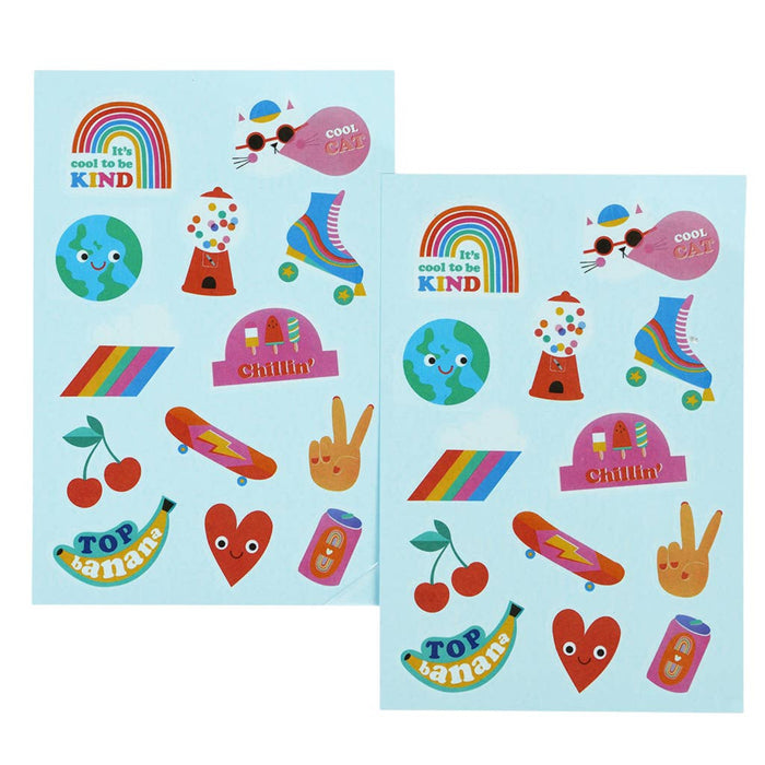 Colorful sticker sheet with various illustrations on a light blue background