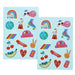 Colorful sticker sheet with various illustrations on a light blue background