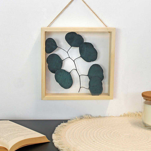 square wooden transparent frame holding a stem with 7 leaves