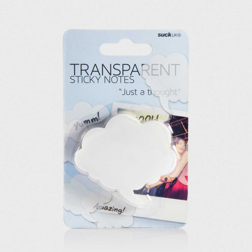 Speech bubble shaped transparent sticky notes encased in pastic with a blue cardboard backing