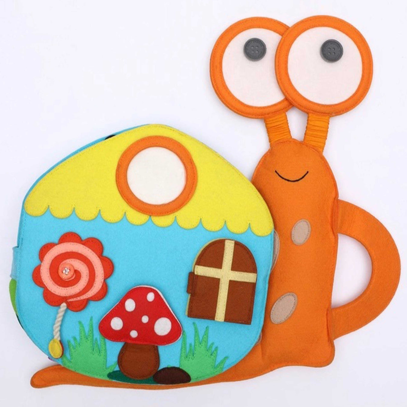 Travel Buddy Snail soft toy orange snail with blue and yellow shell which has a rad and white mushroom and mirror on it