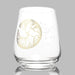 stemless wine glass with gold foil Tree of Life spiral shaped design on outside of glass
