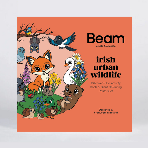 A square Beam 'Irish urban wildlife' coloring book and activity pack cover, featuring a bright orange background with a colorful cartoon illustration of foxes, birds, a duck, flowers, and other animals, shown standing against a light gray background.
