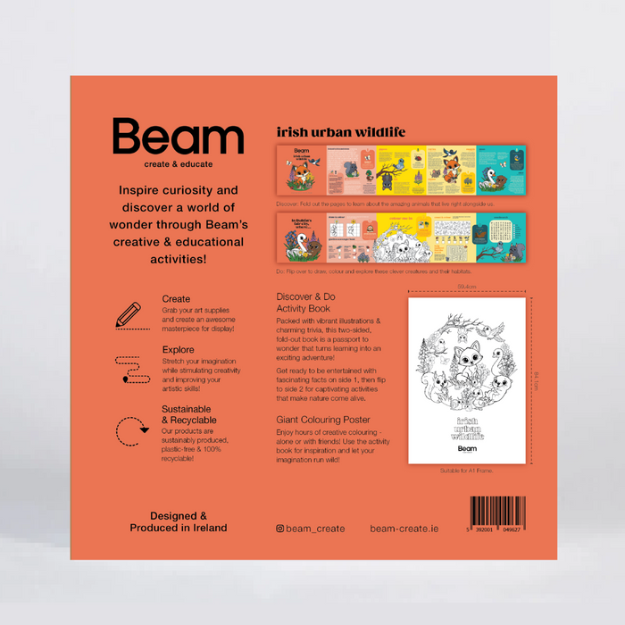 The back cover of the 'Beam' educational activity book, featuring a bright orange background with text, activity details, a small illustration, and a barcode.