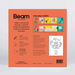 The back cover of the 'Beam' educational activity book, featuring a bright orange background with text, activity details, a small illustration, and a barcode.