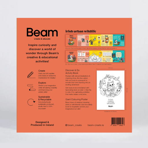 The back cover of the 'Beam' educational activity book, featuring a bright orange background with text, activity details, a small illustration, and a barcode.