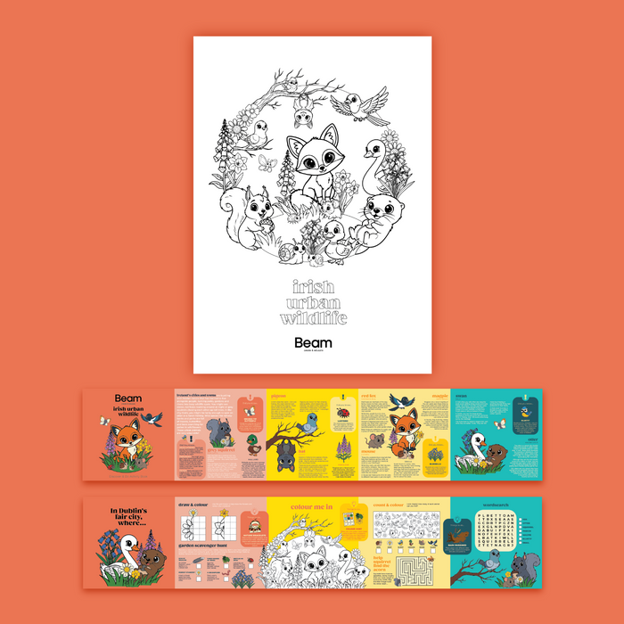 A white art print featuring a black line art illustration of cute woodland animals in a circle with the text 'fresh woodland wanderings' and 'Beam', displayed on a solid orange background above two colorful booklets or brochures.