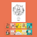 A white art print featuring a black line art illustration of cute woodland animals in a circle with the text 'fresh woodland wanderings' and 'Beam', displayed on a solid orange background above two colorful booklets or brochures.