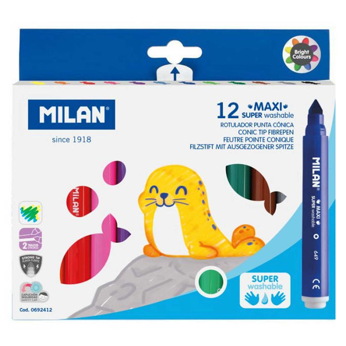 Milan Super Washable Maxi Fibre Tips - Pack of 12