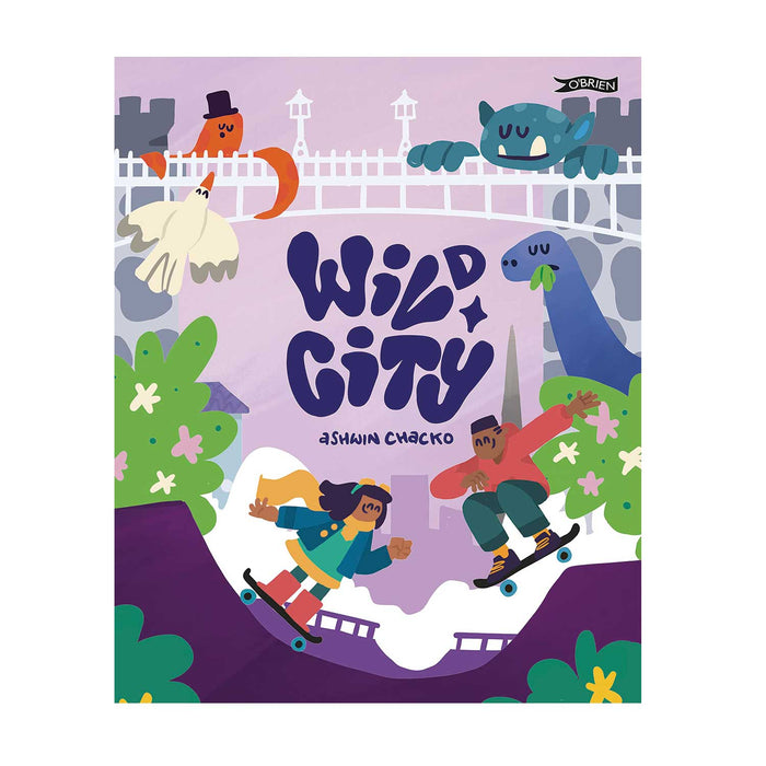 Wild City purple book ocver with two kids skateboarding along bottom of cover and white bridge shape along top with trees and animals