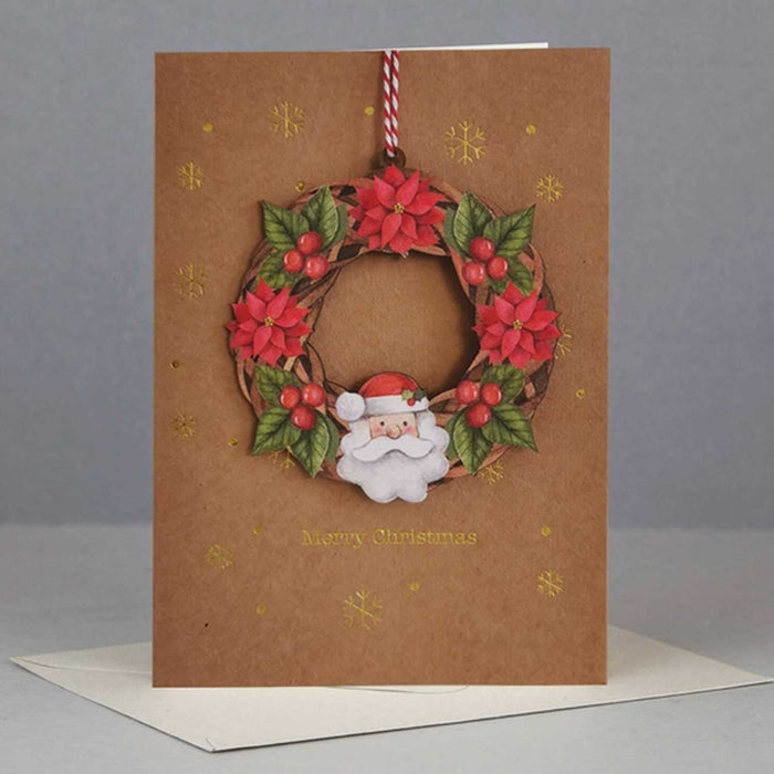 BROWN GREETING CARDS WITH WOODEN WREATH ORNAMENT HANGING FROM CARD