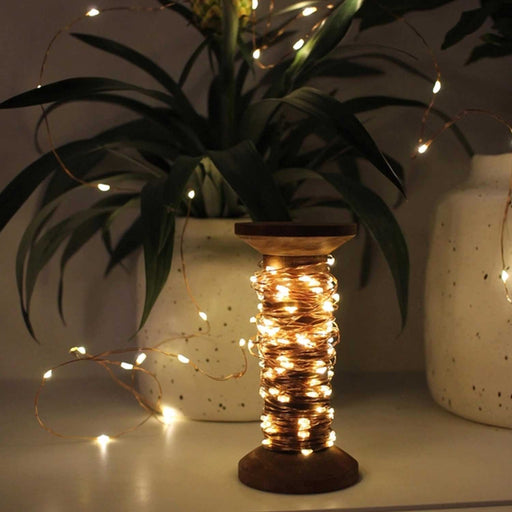 string of fairy lights on copper wire wrapped around a wooden spool with a green plant in background