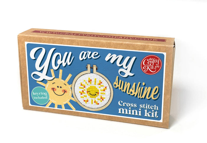 Cross stitch mini kit box with 'You are my sunshine' text and sun illustration on a white background