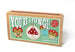 Cross-stitch mini kit packaging with cartoon mushrooms and text on a white background