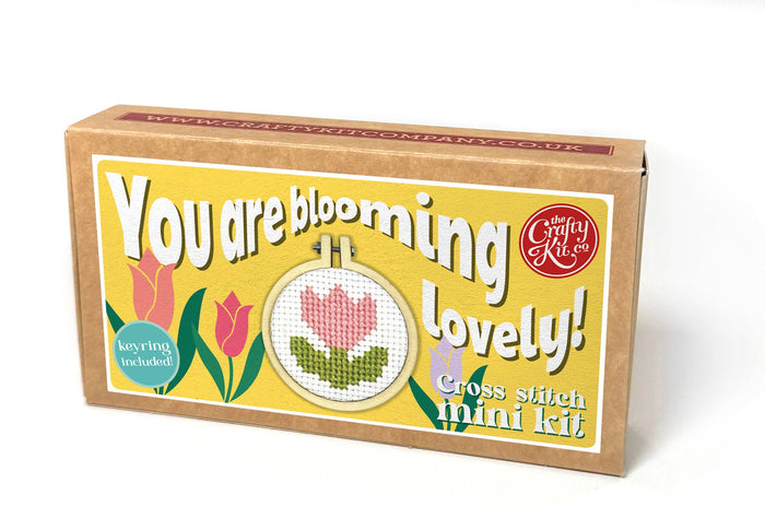 Cross stitch mini kit packaging with floral design and text on a white background