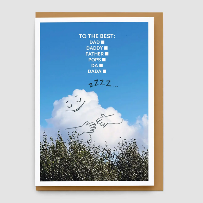 Greeting card with cloud and hand-drawn lines against a blue sky, on top of brown envelope with a white background.