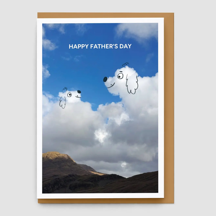 Father's Day card with cartoon dogs on clouds and 'Happy Father's Day' text.
