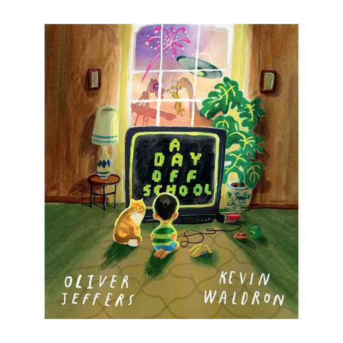 Illustrated book cover for 'A Day Off School' by Oliver Jeffers and Kevin Waldron, showing a child sitting in front of a television with a cat on the floor in a warmly lit room.