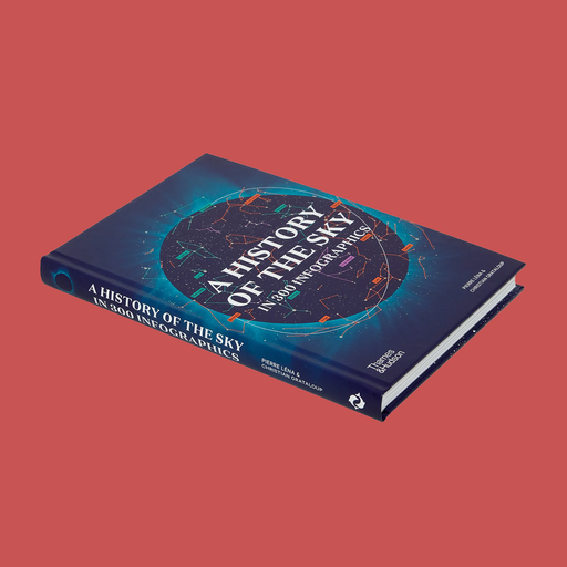 A hardcover book titled "A History of the Sky in 2000 Astrophysics" shown at an angle on a solid coral-red background. The cover is dark blue with a circular celestial map design and white text.