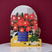 Card with a floral design featuring red flowers and a blue vase on a yellow background.