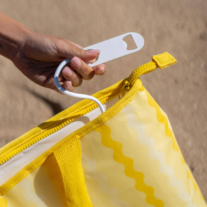 Yellow insulated cooler bag with bottle opener