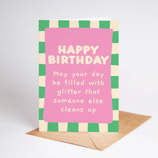 Birthday card with pink text on a green and white checkered border