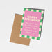 Birthday card with pink and green checkered border and humorous text on a white background
