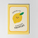 Greeting card with a lemon illustration and text on a gray background