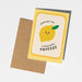 Greeting card with lemon illustration and text 'Sending you a birthday squeeze' on a white background