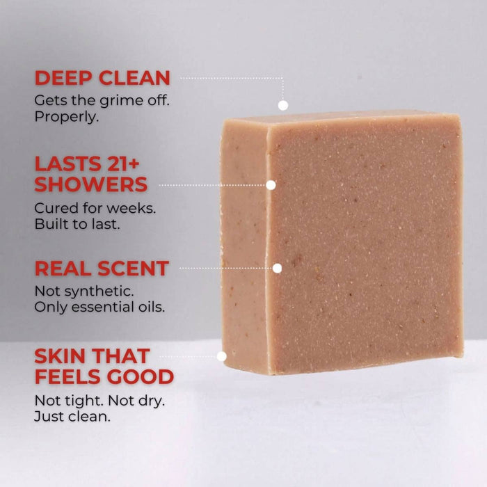 Bar of soap with text highlighting features on a gray background