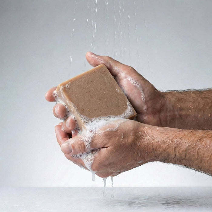 Hands holding a bar of soap with water droplets on a light gray background