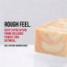 Bar of soap with text describing its exfoliating properties on a light gray background