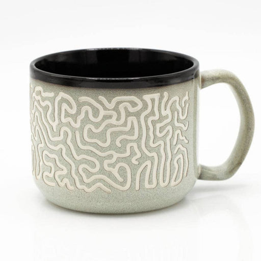 A ceramic mug with a light sage green exterior featuring a raised cream maze pattern, a solid black interior, and a matching sage green handle, shown on a white background.