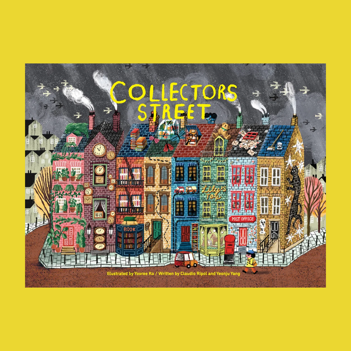 Illustrated children's book cover titled "Collectors Street" showing a whimsical row of colorful houses on a street, with a small child character at the bottom right, set against a solid yellow background.