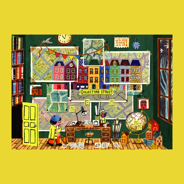 A whimsical illustrated scene showing a cluttered detective-style room with maps, books, desks, a globe, and small house models, framed by a wide yellow border. No real person or environment is present; this appears to be the artwork itself being shown.
