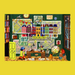A whimsical illustrated scene showing a cluttered detective-style room with maps, books, desks, a globe, and small house models, framed by a wide yellow border. No real person or environment is present; this appears to be the artwork itself being shown.