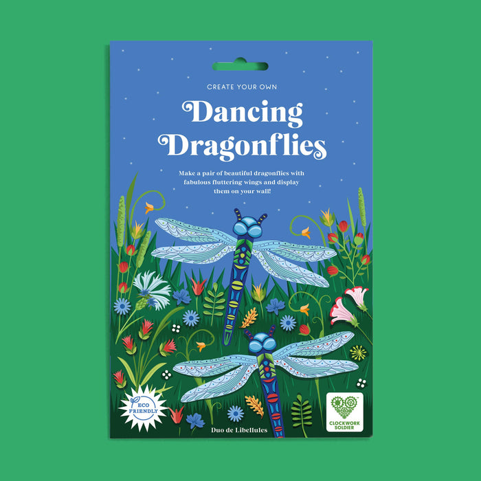 Packaging for 'Create Your Own Dancing Dragonflies' with illustrations of dragonflies and flowers on a green background.