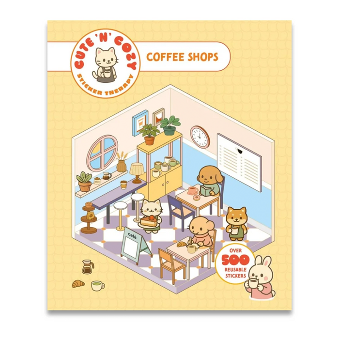 A cute illustrated sticker sheet titled 'Cute 'N Cozy Coffee Shops' featuring small animal characters in a cozy cafe interior. The sheet has a pale yellow patterned border, a large central isometric cafe scene with tables, plants, shelves, and characters, and circular callouts including 'COFFEE SHOPS' and 'OVER 50+ REUSABLE STICKERS'.