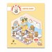 A cute illustrated sticker sheet titled 'Cute 'N Cozy Coffee Shops' featuring small animal characters in a cozy cafe interior. The sheet has a pale yellow patterned border, a large central isometric cafe scene with tables, plants, shelves, and characters, and circular callouts including 'COFFEE SHOPS' and 'OVER 50+ REUSABLE STICKERS'.