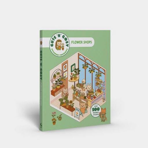 A 3D-rendered book cover for 'Cute 'N' Goose: Flower Shops' on a light gray background. The book has a sage green cover featuring an isometric illustration of a cozy flower shop filled with potted plants and cute animal characters.