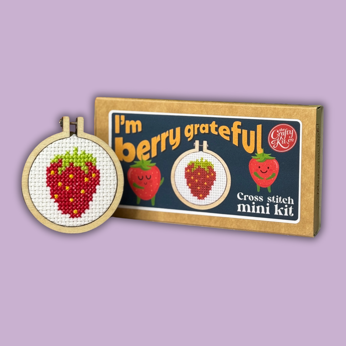 Cross stitch mini kit with strawberry design on a purple background