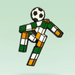 A soccer-themed pin or charm shaped like a stylized player made of green, white, and orange checkered blocks, with a black-and-white soccer ball for a head, shown on a pale green background.