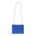 A bright blue leather crossbody bag with a matching blue shoulder strap, a front zippered pocket, and a small embossed logo near the bottom center, shown against a plain white background.