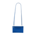 A vibrant blue leather crossbody clutch bag with a long, slender strap and a silver zipper closure, shown against a plain white background.