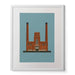 Framed artwork of a brown building with two tall chimneys on a blue background