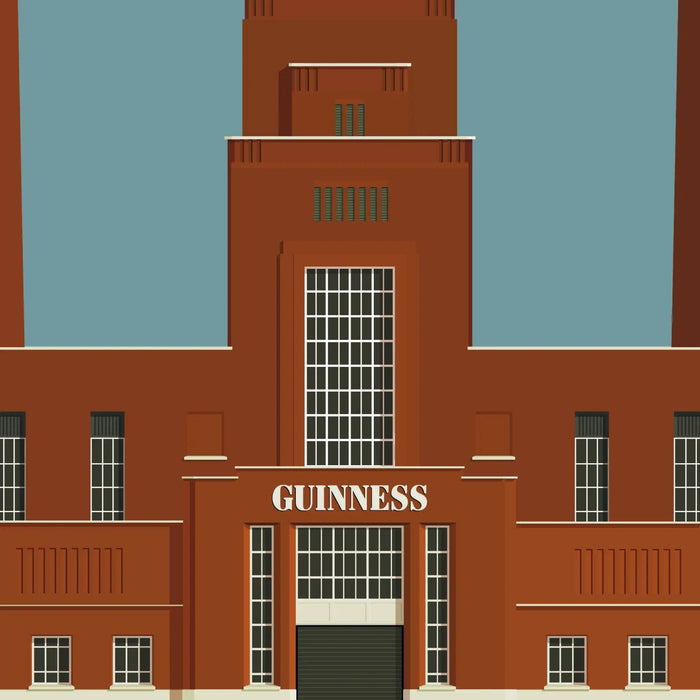 Illustration of a red brick building with 'Guinness' branding on a blue sky background