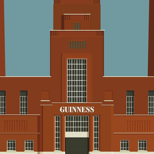 Illustration of a red brick building with 'Guinness' branding on a blue sky background