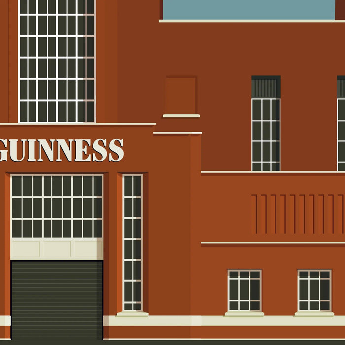 Illustration of a building facade with 'Guinness' branding.
