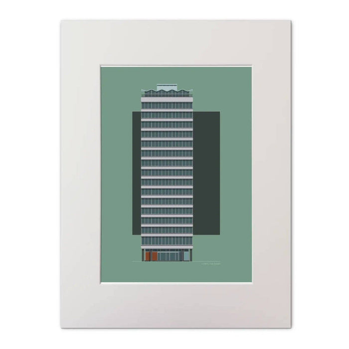 Framed artwork of a tall building on a green background